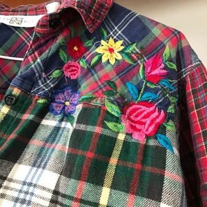 Vintage Oversized Plaid Shirt with Floral Embroidery